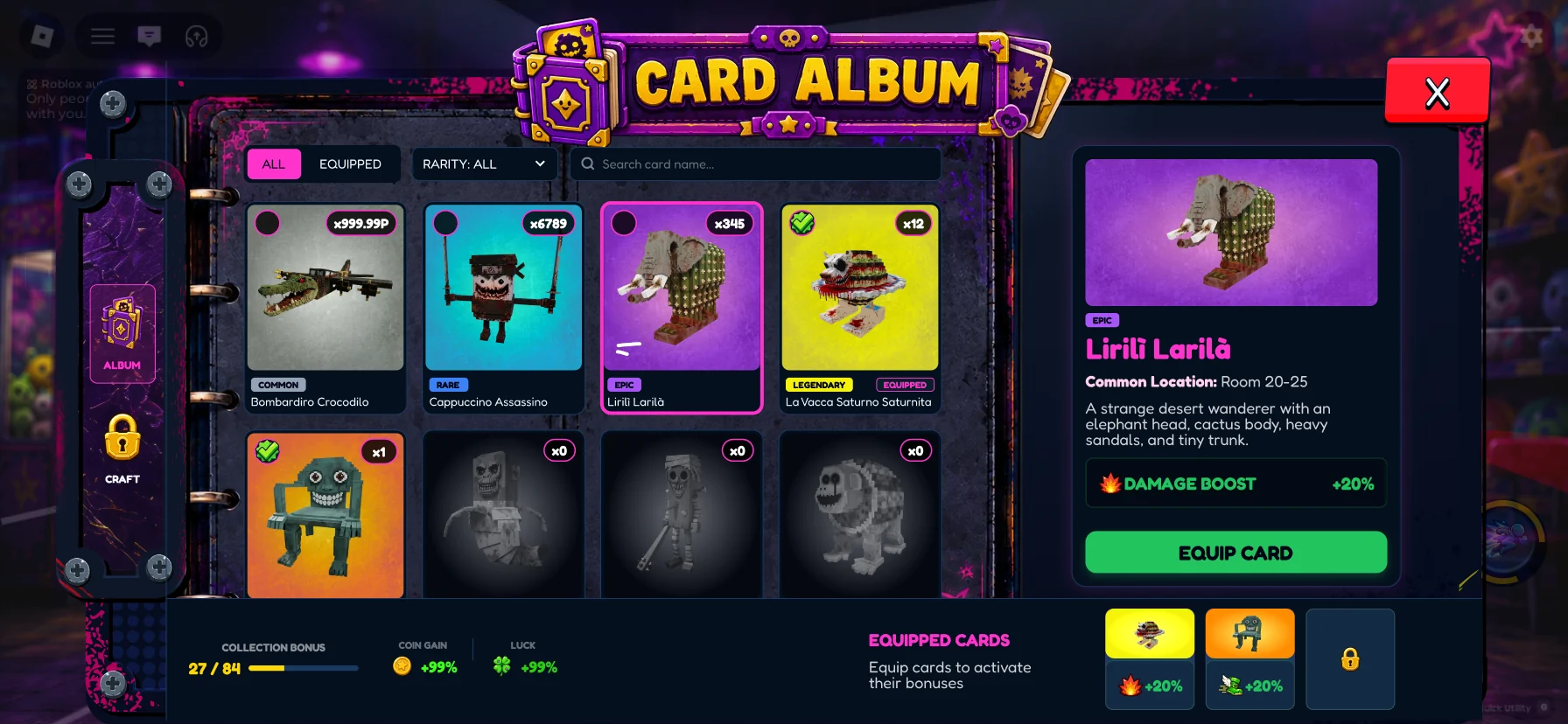 Card Album screen with filters, rarity tags, item detail and equipment slots