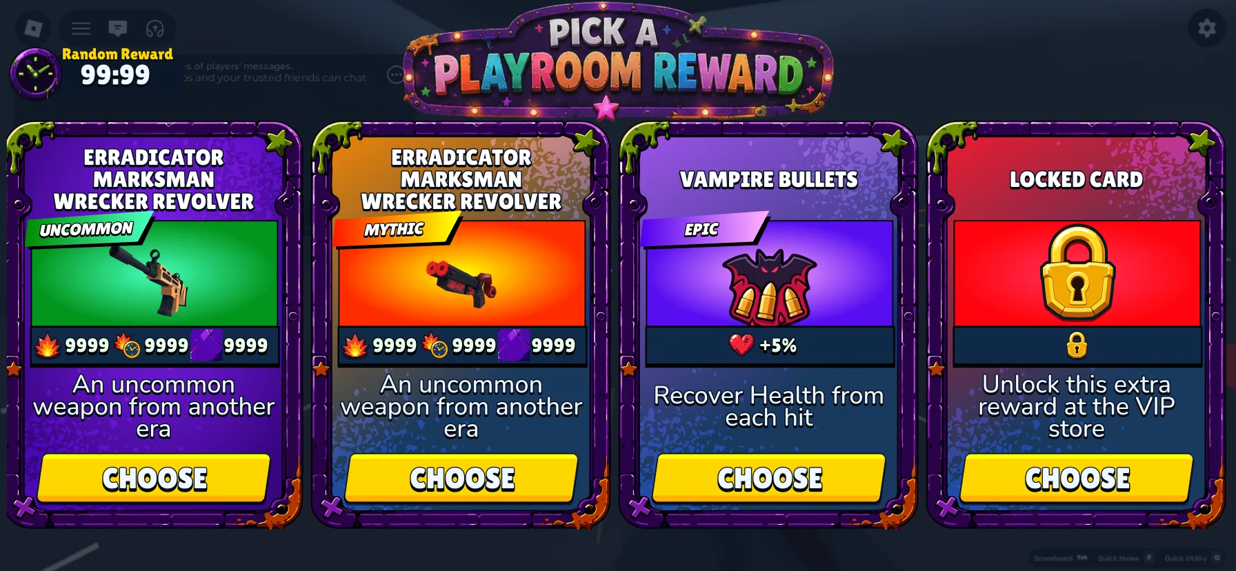 Room Rewards screen with four reward cards and a locked VIP option